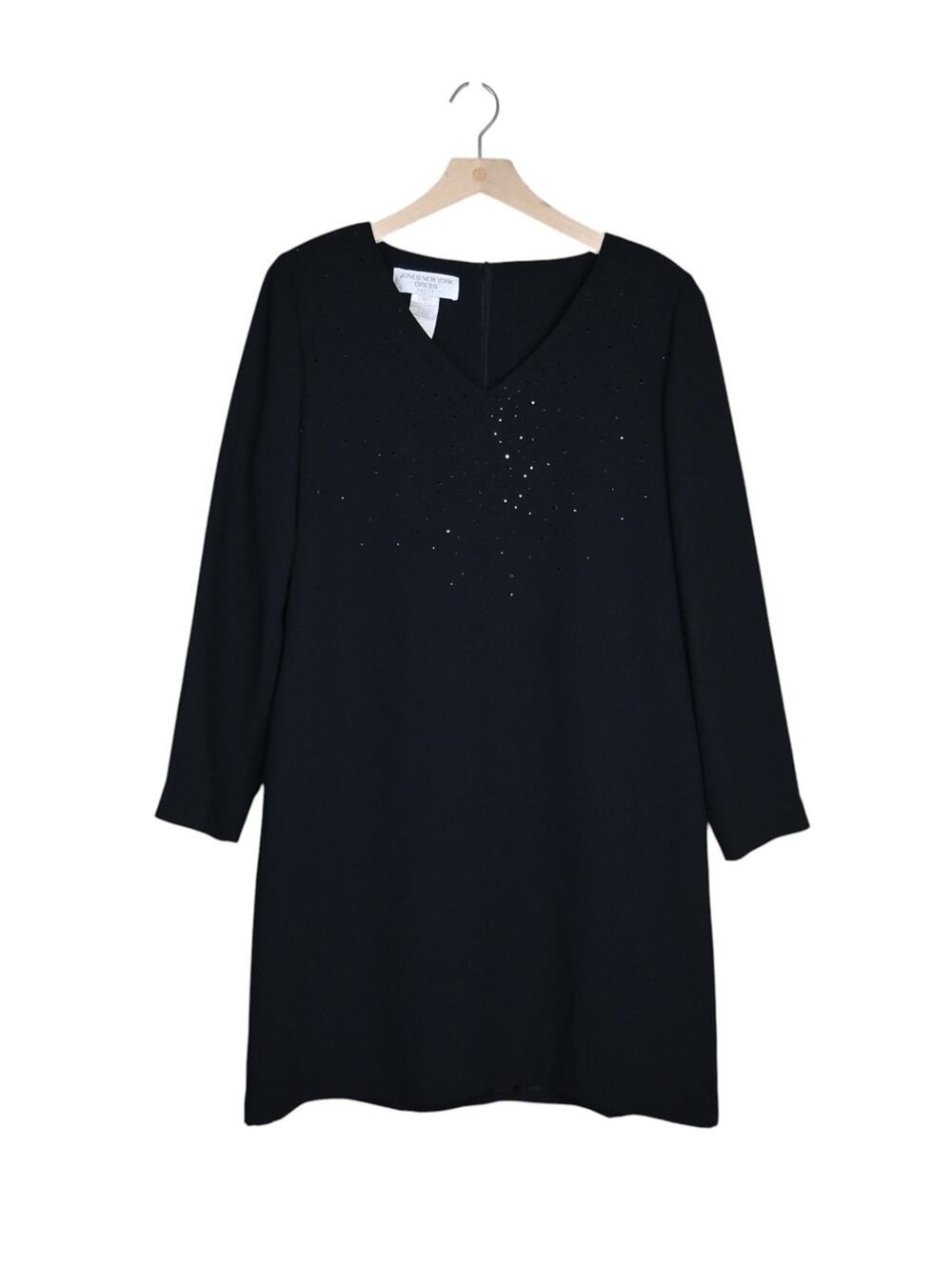 Jones New York Women's 14 Petite Black V-Neck Long Sleeve Rhinestone Lined Dress
